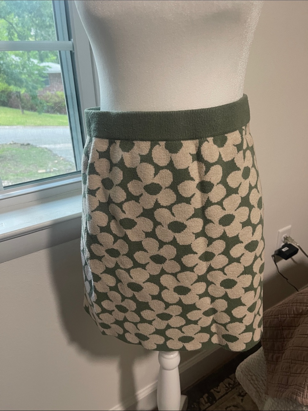 Altar'd State Green and Cream Floral Knit Mini Skirt